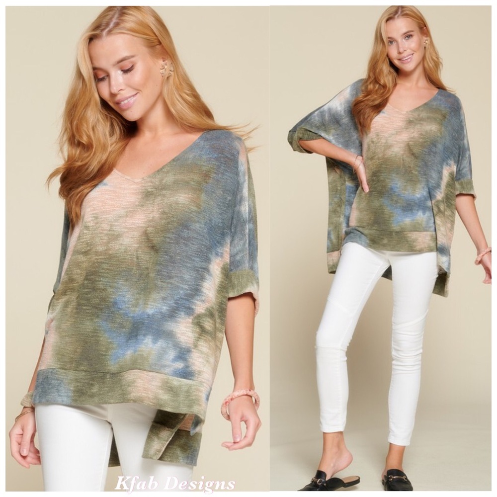 ❤️LAST! V Neck Tie Dye 3/4 Length Sleeve Hi Lo Top - Picture 5 of 6